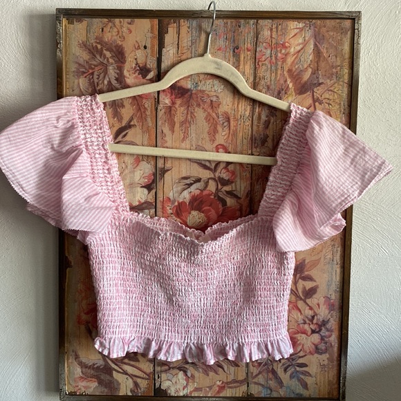 LOVESHACKFANCY CROP TOP BLOUSE FLUTTER SLEEVE TOP BABY PINK S - Picture 5 of 14